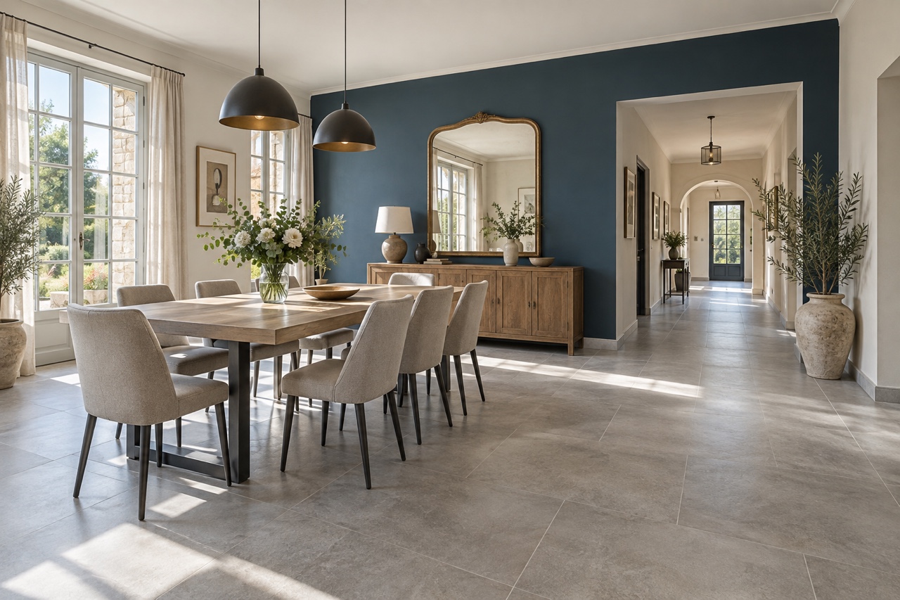 Inspiration : vue d’ensemble d’une salle à manger rénovée : carrelage clair, murs peints et ouverture sur le couloir